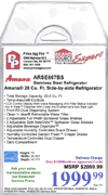 Example Price tag Pro price tag for Energy Star Amana ARSE667BSS 26 cu. ft. stainless steel refrigerator with extended service plan offer and Brand Source Expert buying group logo.