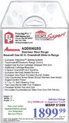 Example Price tag Pro price tag for Amana AGDS902SS stainless steel gas 30-inch downdraft slide-in range with extended service plan offer and Brand Source Expert buying group logo.
