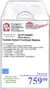 Example Price tag Pro price tag for Energy Star Frigidare GLTF1040AS tumble action frontload white washer with free delivery, extended service plan offer, and Brand Source Expert buying group logo.