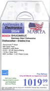 Example Price tag Pro price tag for Energy Star Bosch SHU53A05UC Stainless Steel Dishwasher with Free Delivery, Financing, Extended serivce plan offer and Marta buying group logo.