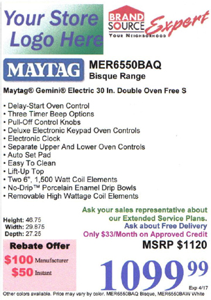 Example Price tag Pro price tag for Maytag Energy Star MZD2766GES 27 Cubic Foot Wide-by-side Stainless Steel Refrigerator with Extended Service Plan, Free Delivery, Automatic Financing by formula, Instant Rebate, Tag Expiration, and Automatic Small Print on similar models.