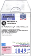 Example Price tag Pro price tag for Energy Star GE WPGT9350CPL Platinum Washer with Manufacturer and Instant Rebate, Delivery charge, Custom MSRP line,  Financing, Extended serivce plan offer and United Stores buying group logo.