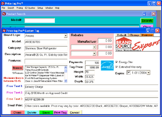 Screenshot showing Price tag Pro Software's tag customization features used to customize standard item price tags and to add unlisted items to the database of products.  Custom tag includes Model, Category, and Description editing and feature list editor, custom promotion logo, and more.