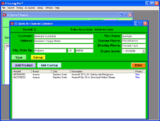 Screenshot showing the Price tag Pro EZ Quote feature that allows stores to create, save, load, and expire custom quotations for individuals or contractors including unlimited items, custom items, specific charges, and much more.