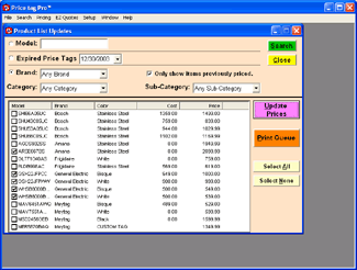 Screenshot showing the Price tag Pro Product List Updates feature that provides a search interface for pricing multiple tags at once.  Tags can be priced or updated based on Category, Manufacturer, Brand, Model Number, SKU/PLU, and tag expiration date.