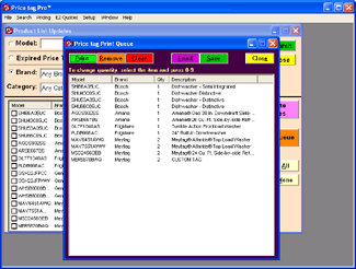 Screenshot showing the Price tag Pro Print Queue feature that allows for printing of multiple price tags in customizable quantity and saving & loading of queue items.